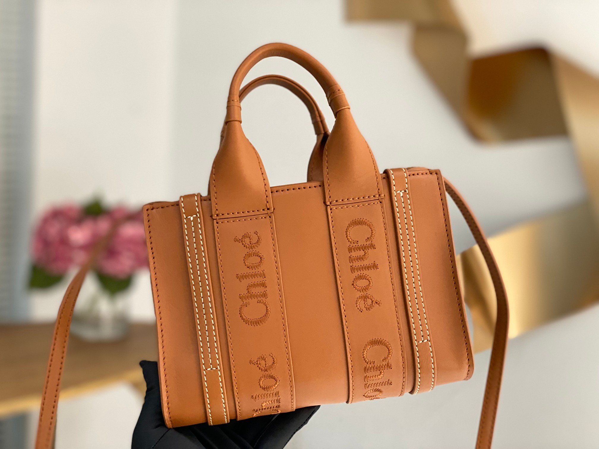 Chloe Mini Woody Tote Bag In Caramel Soft Smooth Calfskin Leather